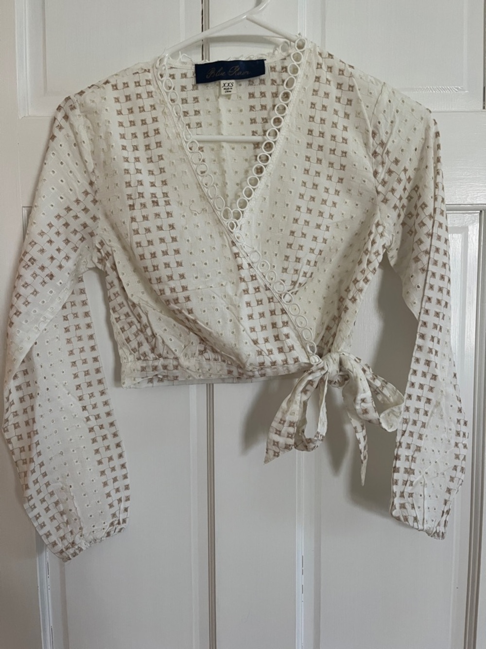 Blue Rain Cream Eyelet Wrap Blouse with Tan Grid